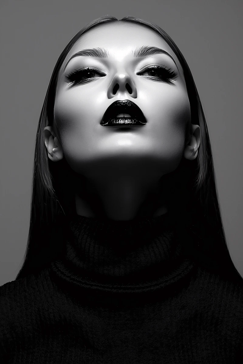 Black and white close-up portrait of a woman with glossy dark lipstick and sleek hair wearing a turtleneck sweater.