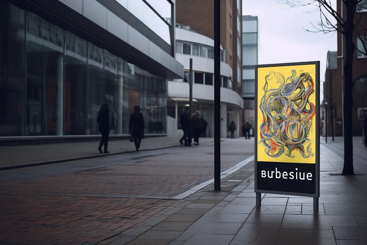 Street-side advertisement board with abstract yellow and multicolored artwork and the text 'Bubesiue' in white letters on black background.