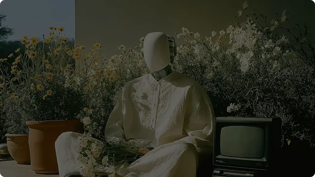 Faceless mannequin dressed in white sitting among potted flowers next to a vintage television set.